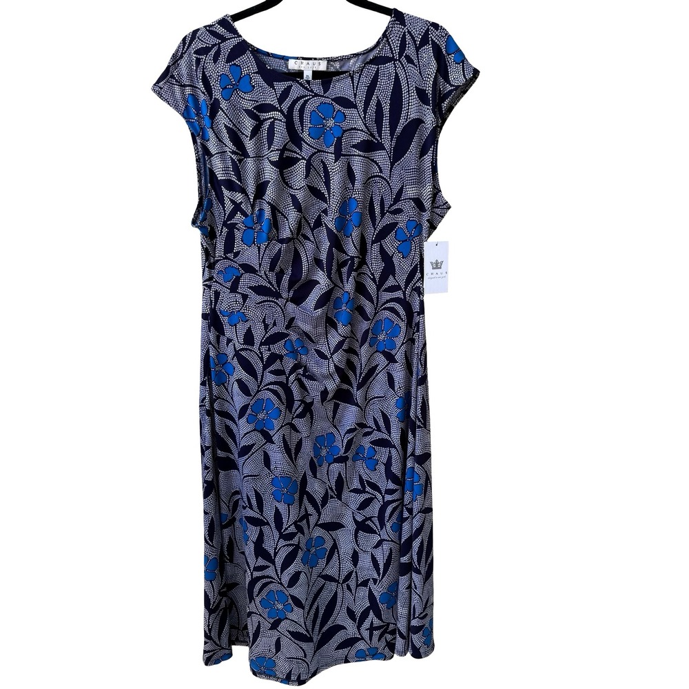 Chaus New York Batik Shibori Floral Draped Jersey Flowy Sheath Dress Navy XL NWT